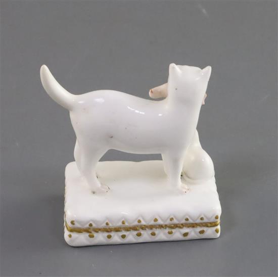 A rare Derby porcelain group of a cat and kitten with prey, c.1810-25, H. 5cm, tail restored